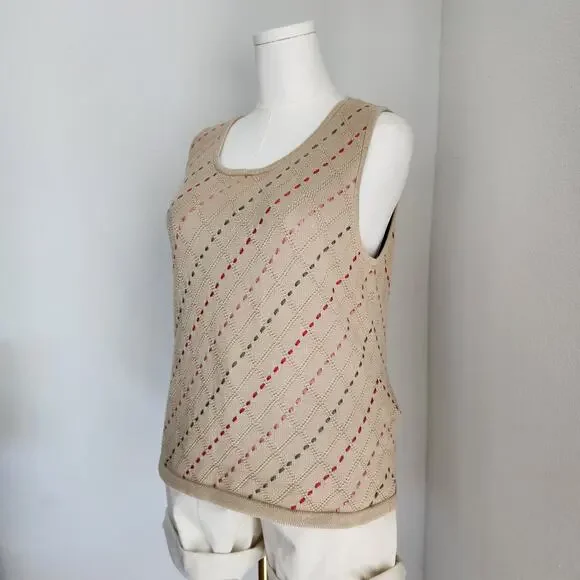 Vintage Y2K Liz Claiborne Tan Cotton Knit Running Stitch Sleeveless Tank Top M L - Picture 3 of 9